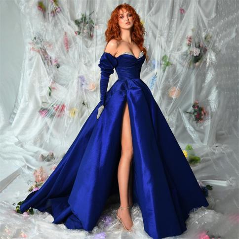 Royal Blue Luxury Formal Evening Dresses Glitter Off Shoulder A Line Pleated Side Slit Prom Dress Backless Bride Party G