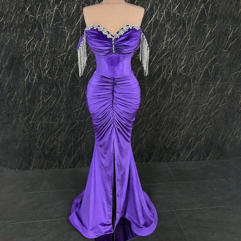 Purple Elegant Mermaid Evening Dresses Off Shoulder Crystals Pleats Beadings Celebrity Prom Dress Backless Bodycon Party