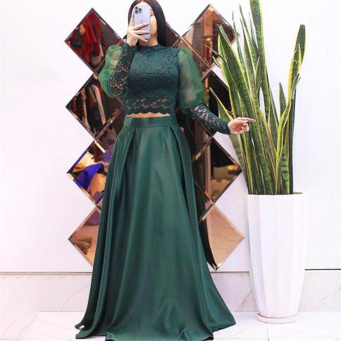 Green Lace 2 In 1 Formal Evening Dresses Puff Sleeves A Line High Neck Glitter Prom Dress Floor Length Bridesmaid Party 