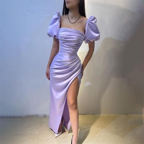 Light Purple Mermaid Evening Dresses Cap Sleeves Pleats Off Shoulder High Side Slit Prom Dress Floor Length Pageant Part