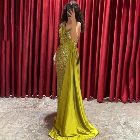Elegant Glitter Mermaid Evening Dresses One Shoulder Shiny Solid Bodycon Prom Dress Satin Train Bride Pageant 2023 Party