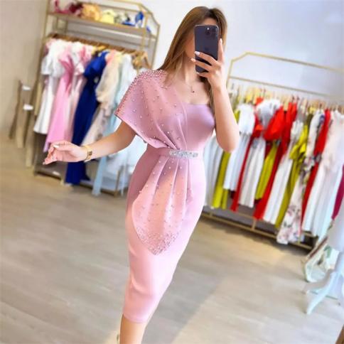 Pink Beadings Satin Evening Gowns One Shoulder Sleeve Tea Length Prom Dress Bodycon Sweetheart Glitter Belt 2023 Party D