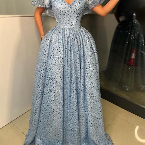 Sky Blue Glitter Formal Prom Dresses A Line V Neck Feathers Pleats Cap Sleeves Evening Dress Pageant Princess Party Gown