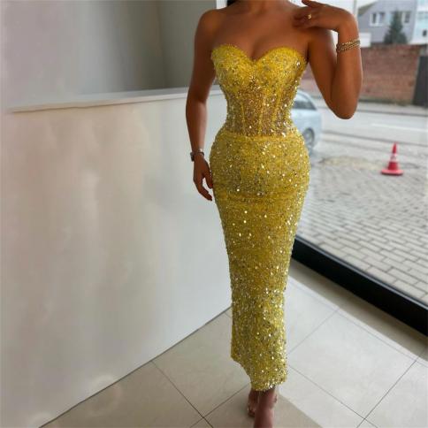 Glitter Mermaid Evening Dresses Sweetheart Off Shoulder Sleeveless Sequins Prom Dress Ankle Length Backless Party Gowns 