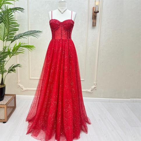Red Shiny Formal Evening Dresses Spaghetti Straps A Line Side Slit Prom Dress Backless Floor Length Sparkly Bride Party 