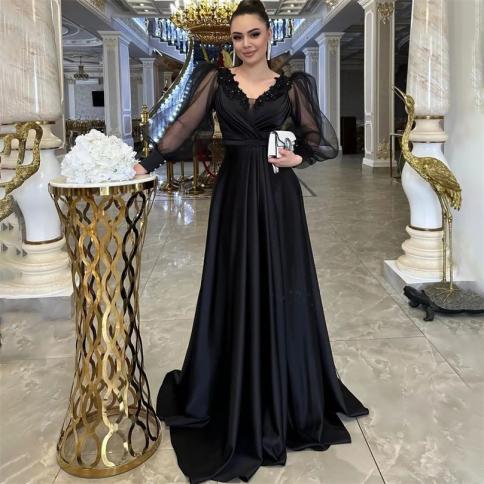 Elegant Black Lace Formal Evening Dresses Pleated Vneck Puff Sleeves Aline Prom Dress Floor Length Occasional Party Gown
