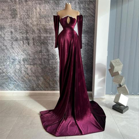 Deep Pink Mermaid Evening Dresses Off Shoulder Beadings Backless Velvet Celebrity Gown With Detachable Sleeves Party Gow