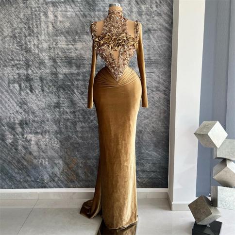 Champagne Glitter Mermaid Evening Dresses High Neck Sequins Long Sleeves Ruches Prom Dress Velvet Sparkly Bodycon Party 