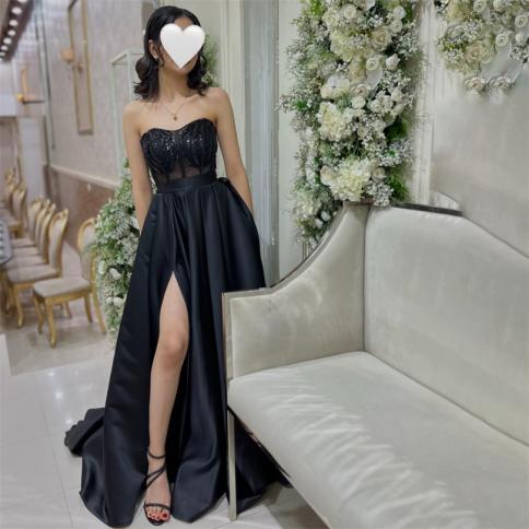Black Strapless Prom Dress A Line Beading Sweetheart Neck Statin Party Evening Gowns Sleeveless Side Split Party Dresses