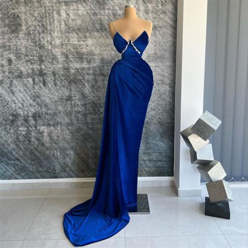 Navy Blue  Mermaid Evening Dresses V Neck Spaghetti Straps Pleats Velvet Celebrity Party Gowns Beadings Backless Prom Dr