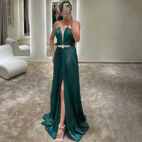 Green Pleats A Line Evening Dresses Middle Slit Off Shoulder Backless 2023 Occasional Dress Bridesmaid For Wedding Party