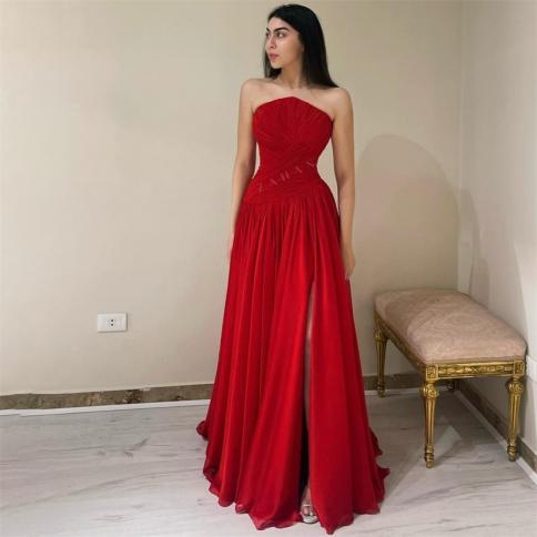Red Pleats Formal Evening Dresses Off Shoulder A Line Backless High Side Slit Prom Dress Bridesmaid Occasional Party Gow