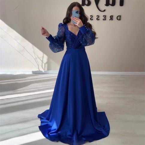 Royal Blue Glitter Evening Dresses Sparkly Puff Sleeves Aline Vneck Night Prom Dress Bride Formal Occasion Party Gowns 2