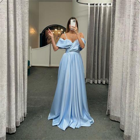 Elegant Satin Evening Dresses A Line Off Shoulder Pleated Spaghetti Straps Formal Prom Dress Backless Ruched Bride Party