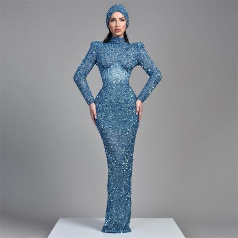 Ocean Blue Glitter Mermaid Evening Dresses High Neck Long Sleeves Middle Slit Backless Celebrity Dress Floor Length Part