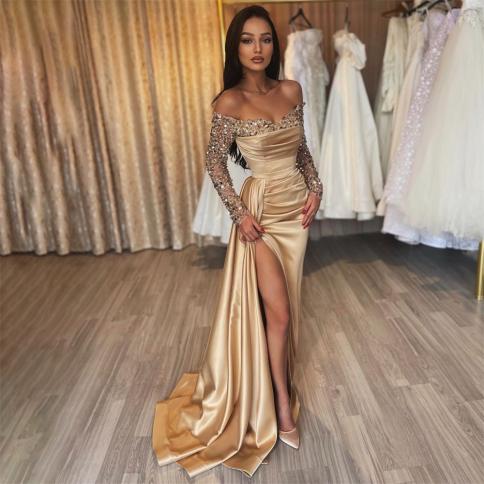 Glitter Champagne Mermaid Evening Dresses Sparkly Off Shoulder Pleated Prom Dress  High Side Slit Bride Party Gowns Saud