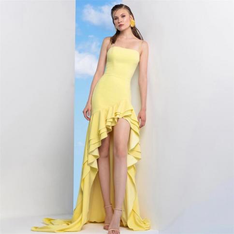 Yellow High/low Formal Evening Dresses Spaghetti Straps Backless Ruffles Occasional Pageant Dress Sleeveless Bride Party