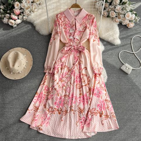 Autumn Elegant Long Dress For Women Pink Ruffle Lapel Full Sleeve Luxury Lace Up Female Traf Pleated Floral Vestidos New