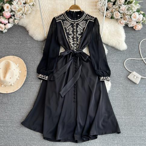 Autumn Long Black Vintage Dress For Women Embroidery Lace Up Midi Female Vestidos Ruched Festival Elegant Full Sleeve Ne