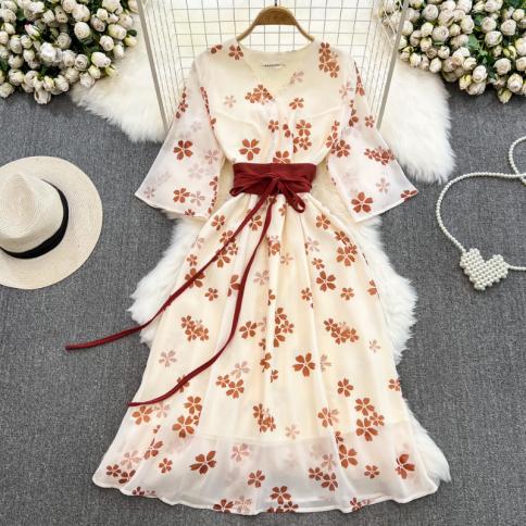 Summer Elegant And Pretty Long Dress For Women Floral 3/4 Sleeve Lace Up Chic Female French Vestidos Thin Tulle Traf New