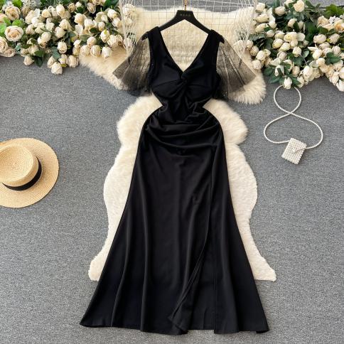 Summer Elegant Long Black Formal Dress For Women  Tulle Stitching Bodycon Split Maxi Female Vestidos Party Evening Waist