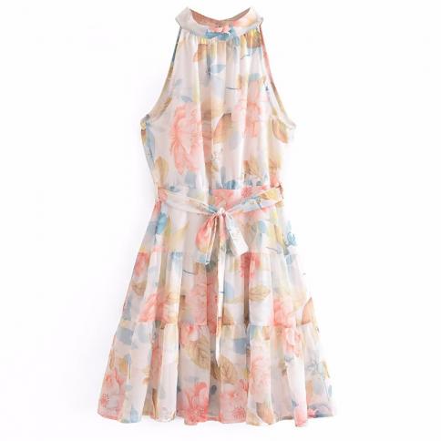 Summer Midi Floral Dress For Women Tank Lace Up Sleeveless Bright Female Boho Hem Dresses Ruffle Casual Thin Traf New In