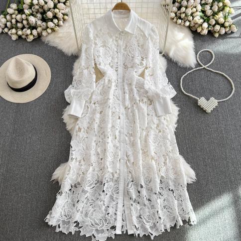 Robe chemise longue blanche en dentelle pour femmes, élégante, crochet ajouré, froncée, simple boutonnage, pure, luxe, Chic, été
