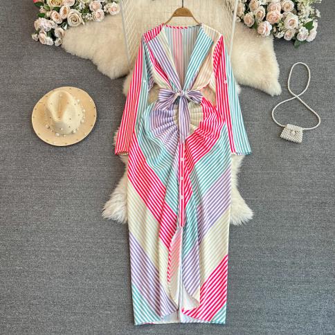 Summer Beach Long Dress For Women Striped Shirring Sheath Deep Neckline Lace Up Female Long Robe Beach Vacation  New In
