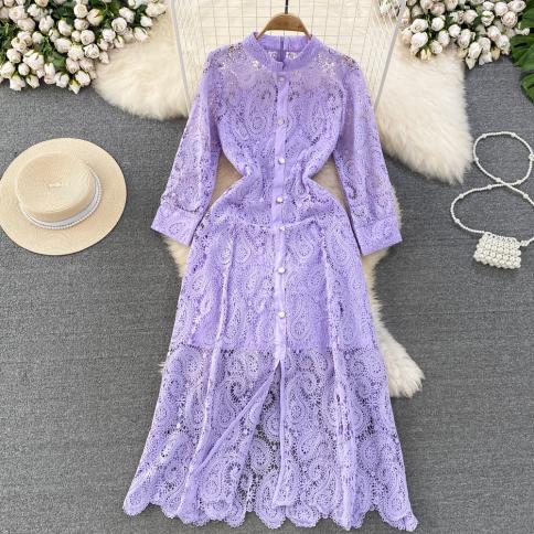Summer Maxi Lace Dress For Women Long Sleeve Hook Flower Hollow Single Breasted Bohemian Vestidos Luxury Sheer Party For
