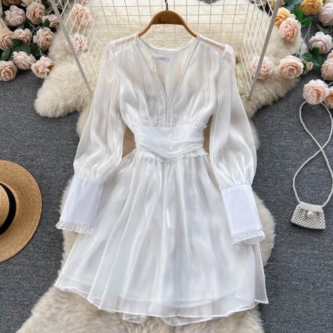 Summer Midi Dress For Women White Elegant Ruffles Shirt Sleeve Deep Neckline Ball Gown High Waist Bohemian Vintage Plica