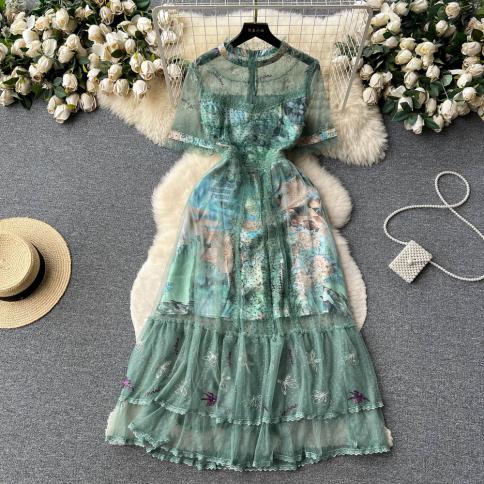 Summer Tulle Dress For Women Green Two Layered Stand Collar Hook Flower Midi Female Prom Dresses Party Evening Vestidos 