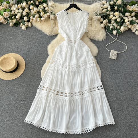 Robe longue d'été bohème pour femmes, couture en dentelle, débardeur froncé, magnifique blanc, élégant, luxe, festif N