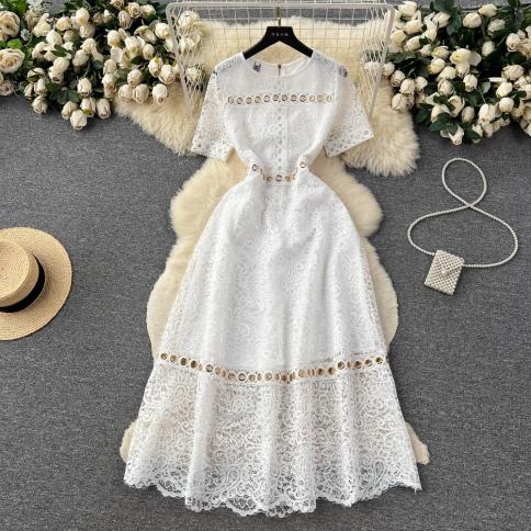 Summer Long Party Dress For Women White/black Lace Hollow Out Midi Female Evening Vestidos Elegant Sheer Luxury Tarf New