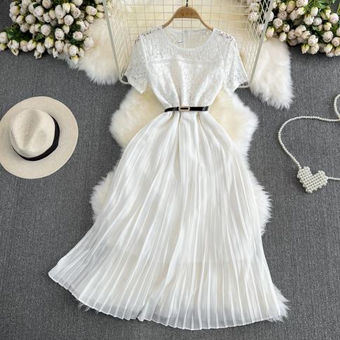 Summer White Long Dress For Women Lace Stitching Elegant Female Belt Dresses Pleated Folds Chiffon Sheer Party Evening P