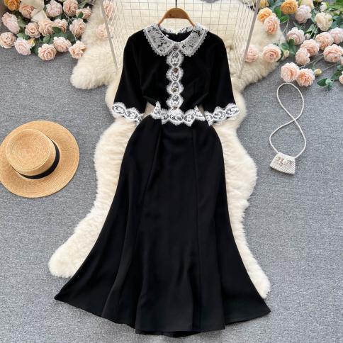 Summer Black Midi Dress For Women Elegant Lapel Lace Patchwork Button Slim Female Mermaid Vintage Chic Party Evening New