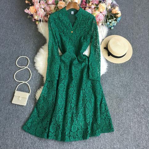 Autumn Elegant Midi Dress For Women Long Sleeve See Through Half Open Collar Female Vestidos Green Vintage Tarf Chic Pop