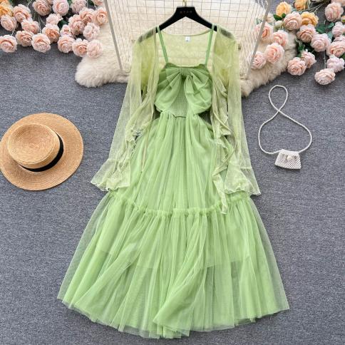 Summer Elegant Dress Sets For Women Long Sleeve Thin Lace Coat + Bow Spaghetti Strap Midi Tulle Dress Ruffle Chic Holida