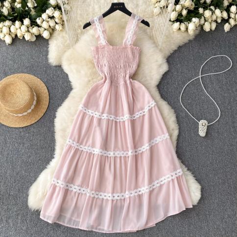 Summer Midi Pink Dress For Women Shirring Sleeveless Fit And Flare Female Casual Vestidos Lace Patchwork Sweet Boho Tarf