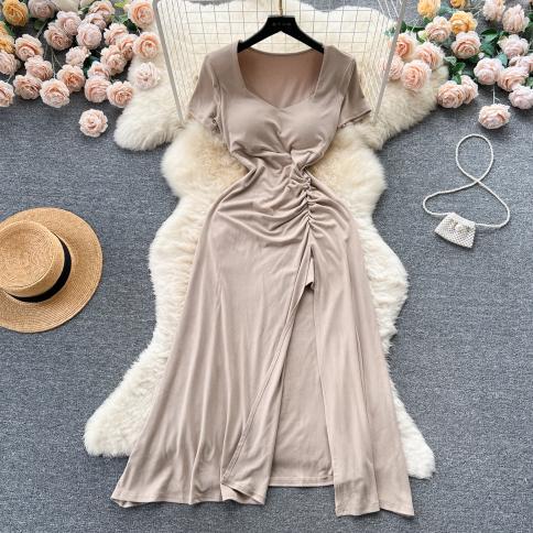 Summer Vintage Bodycon Midi Dress For Women Lapel Split Irregular Casual Female Shirt Dresses Office Lady  New In