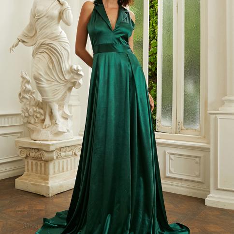 Missord Elegant Green Long Satin Formal Dresses Women Lapel Collar Sleeveless Belt A Line Maxi Evening Party Prom Dress 
