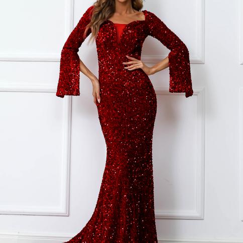 Missord Vestidos Floor Length Women Sequin Wedding Parti Dresses Wedding Evening Maxi Prom Bodycon Split Sleeve Red Dres