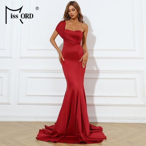 Missord Women Red Wedding Dress One Shoulder Backless Bodycon Evening Party Prom Maxi Ruffle Dresses Elegant Ladies Long