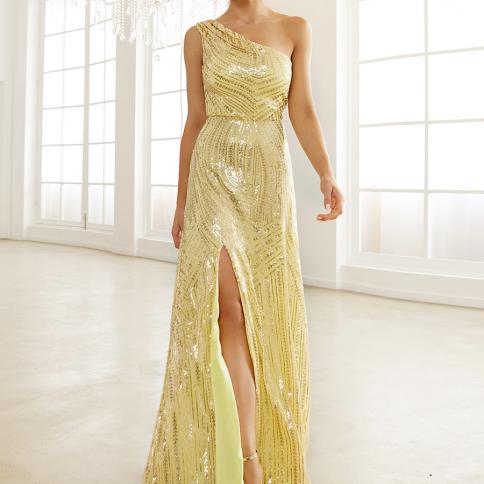 Missord 2023 amarillo elegante vestido largo de graduación mujeres un hombro sin mangas lentejuelas muslo dividido Maxi vestidos