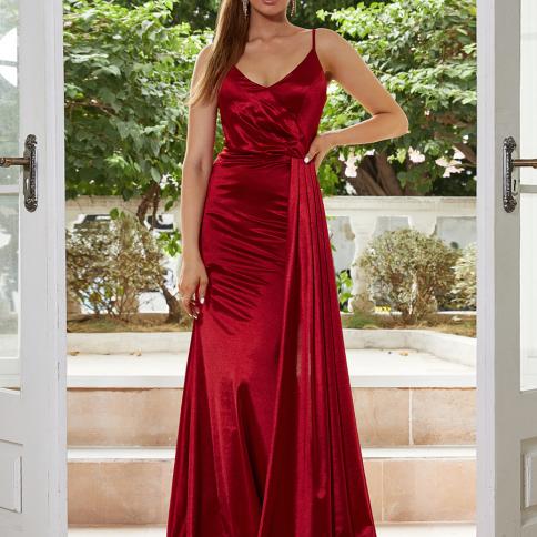 Missord Sleeveless Red Satin Long Evening Dress Women Elegant Spaghetti Strap V Neck Draped Wedding Party Prom Dresses M