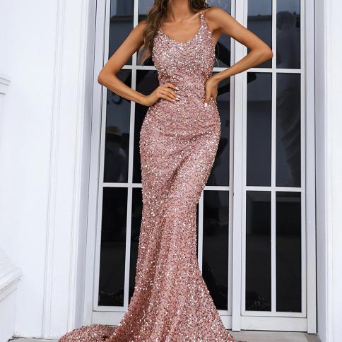 Missord Elegant Pink Sequins Long Prom Dresses Women Spaghetti Strap V Neck Bodycon Maxi Eveing Party Formal Dress Backl