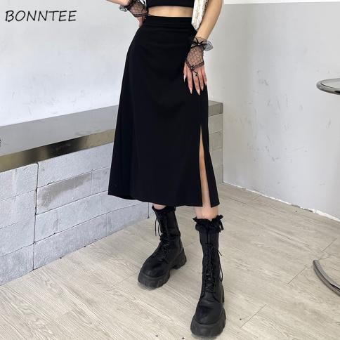 חצאיות נשים קיץ בסגנון צרפתי שחור גותי פאנק אלין גבוה מותן דק שסע צד באמצע העגל faldas allmatch streetwear