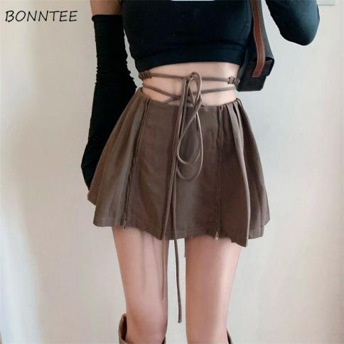 Skirts Women Lace Up Solid  Simple Creativity  Style Summer Ladies Personality All Match Trendy Basic Daily Leisure