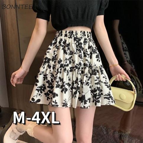 Floral Skirts Women A Line Vintage Folds Summer New All Match Elastic Waist Literary Casual Temperament  Style Fashion I