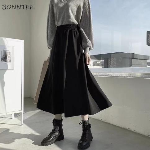 A Line Midi Skirts Women Elegant Office Ladies Simple Solid High Waist All Match Streetwear Smooth Gentle New Spring Chi