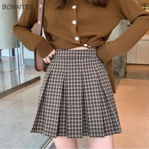 Skirts Women Brown Plaid  Preppy Style Autumn Dating Trendy Vintage Light Soft Empire Streetwear Chic Pleated Casual Coz